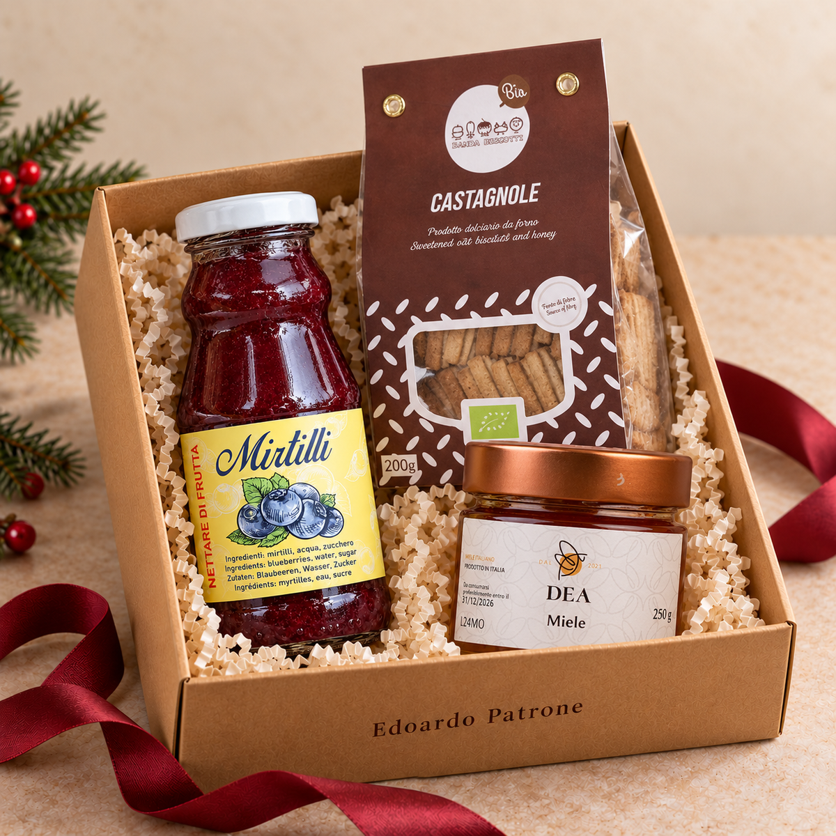 Box regalo Un pensiero dall’Ossola con nettare di mirtilli, Castagnole Banda Biscotti e miele DEA
