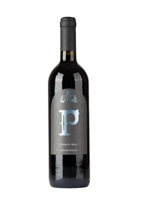 Flasche Poderi San Brizio, Rotwein von Edoardo Patrone, frontal auf weißem Hintergrund.