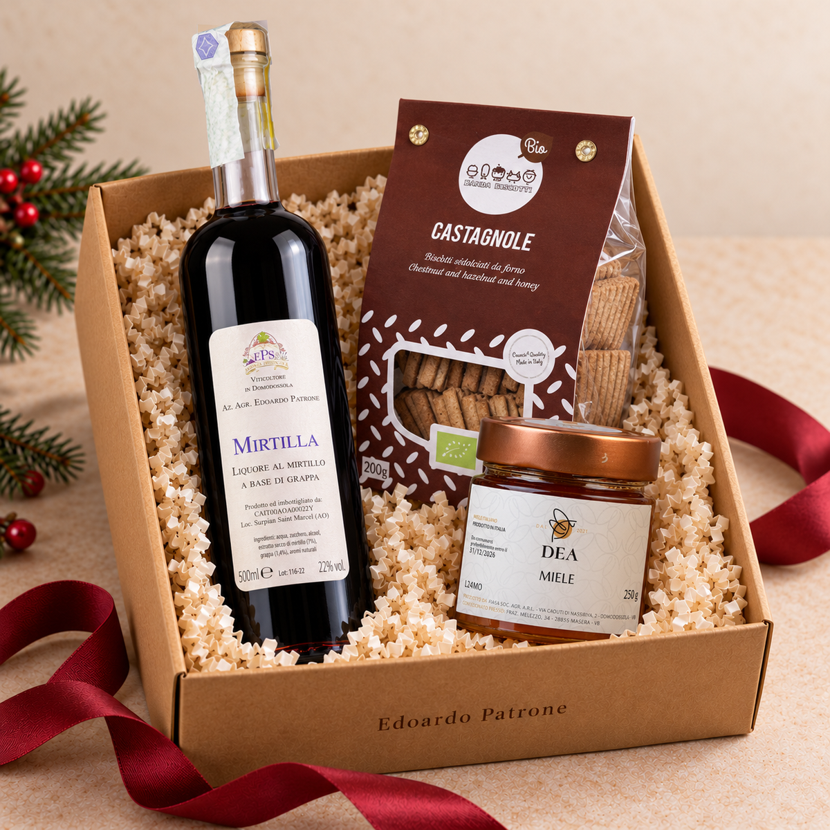 Box Dolce Natale con liquore Mirtilla, Castagnole Banda Biscotti e miele DEA della Valle Ossola