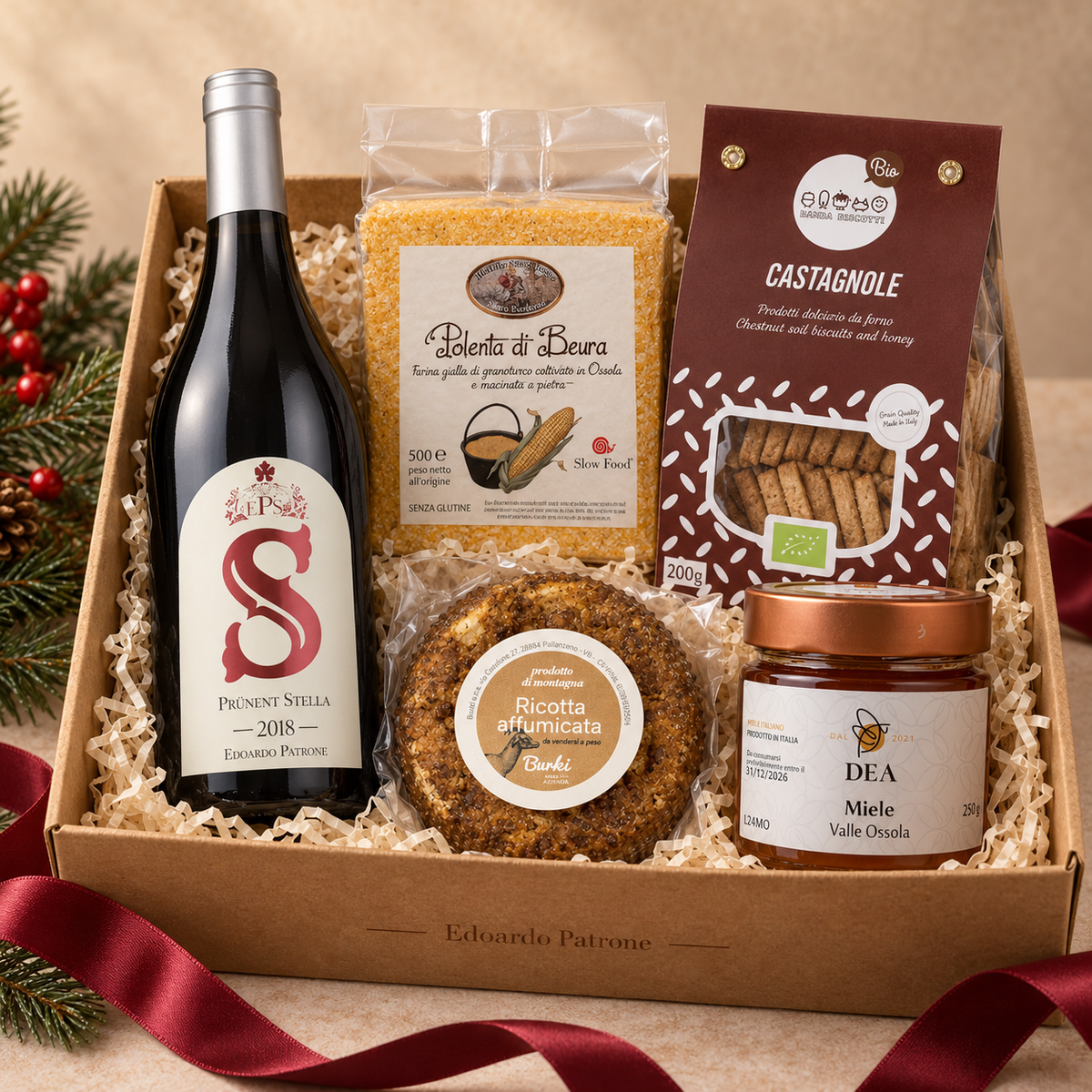 Box Il Natale dell’Ossola con Prünent Stella, polenta di Beura, ricotta Burki, miele DEA e Castagnole